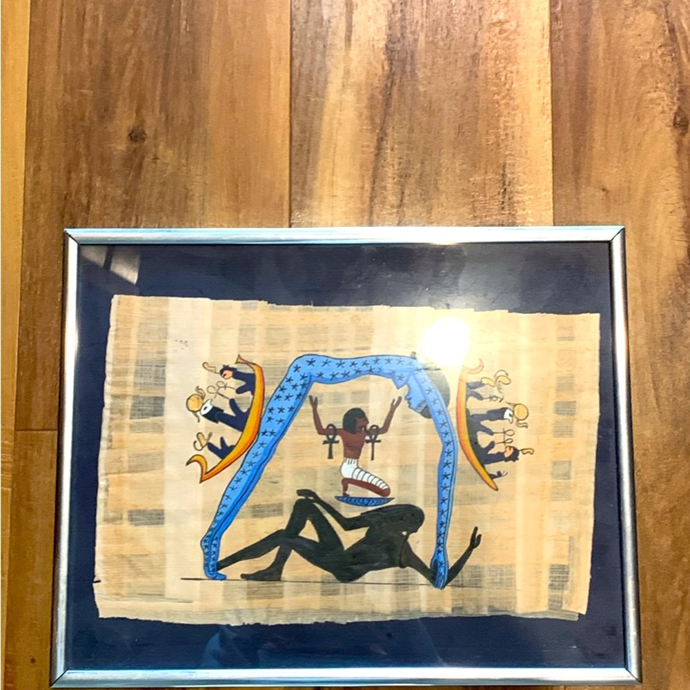 EGYPTIAN PAINTING ON CLOTH OR PAPER. SIZE 14X11 FRAMED.